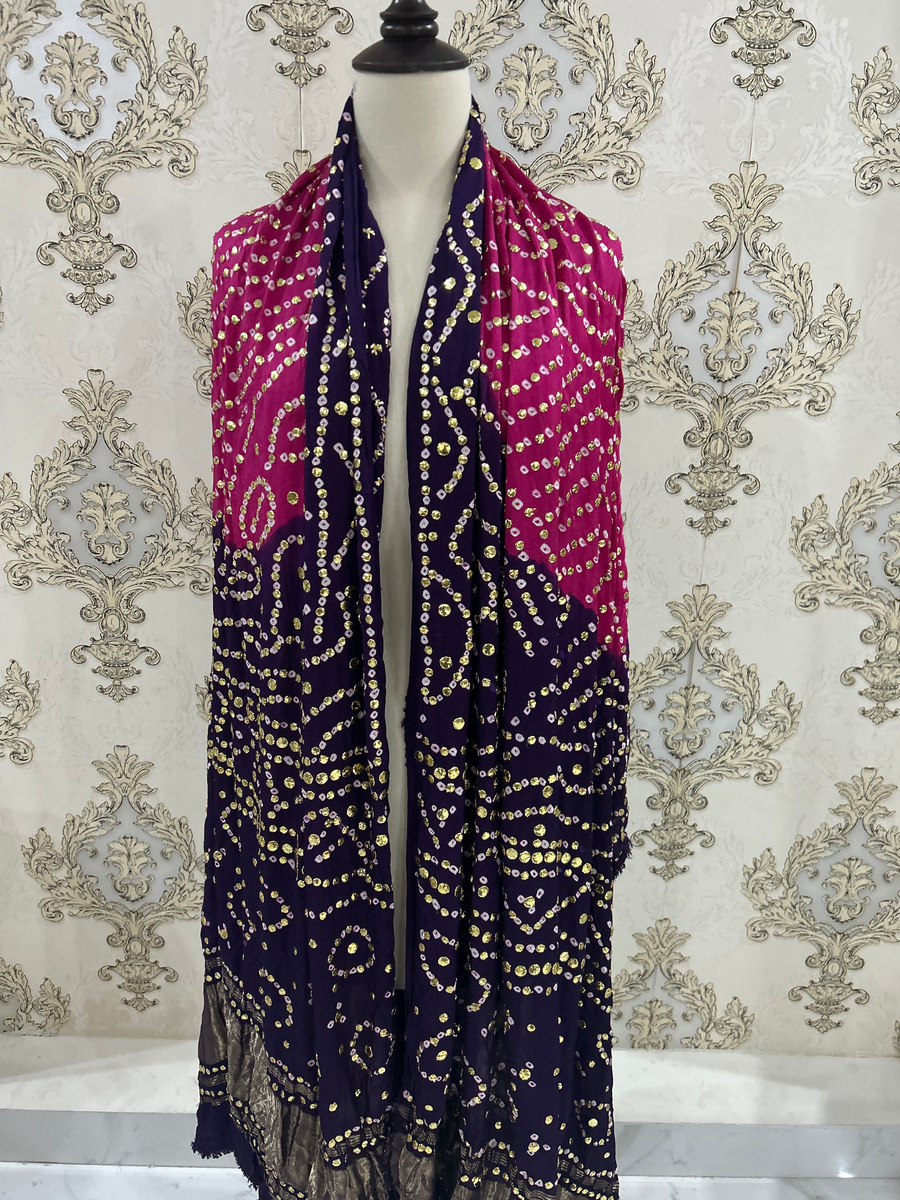 Indian Gajji Silk Chundri Mukesh Dupatta Pink & Purple - EVODIA PK STORE