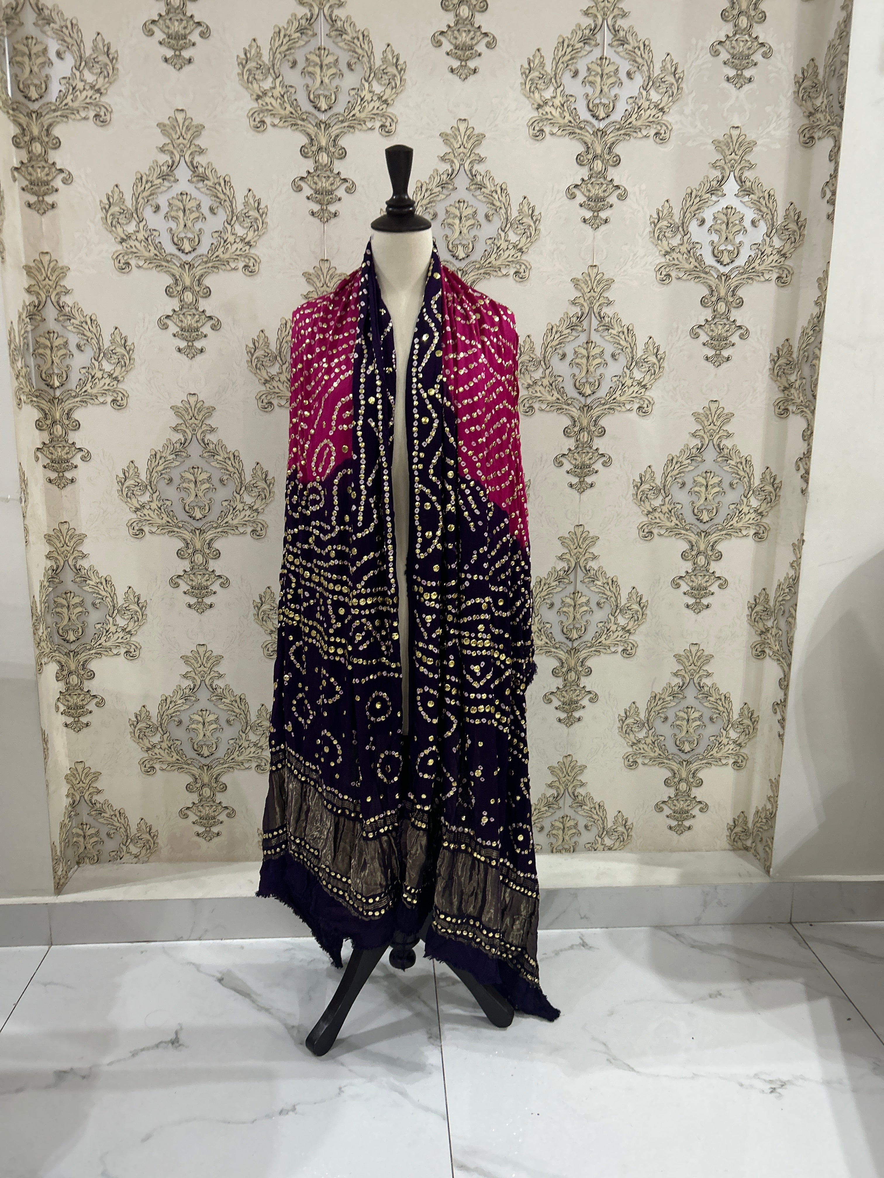 Indian Gajji Silk Chundri Mukesh Dupatta Pink & Purple - EVODIA PK STORE