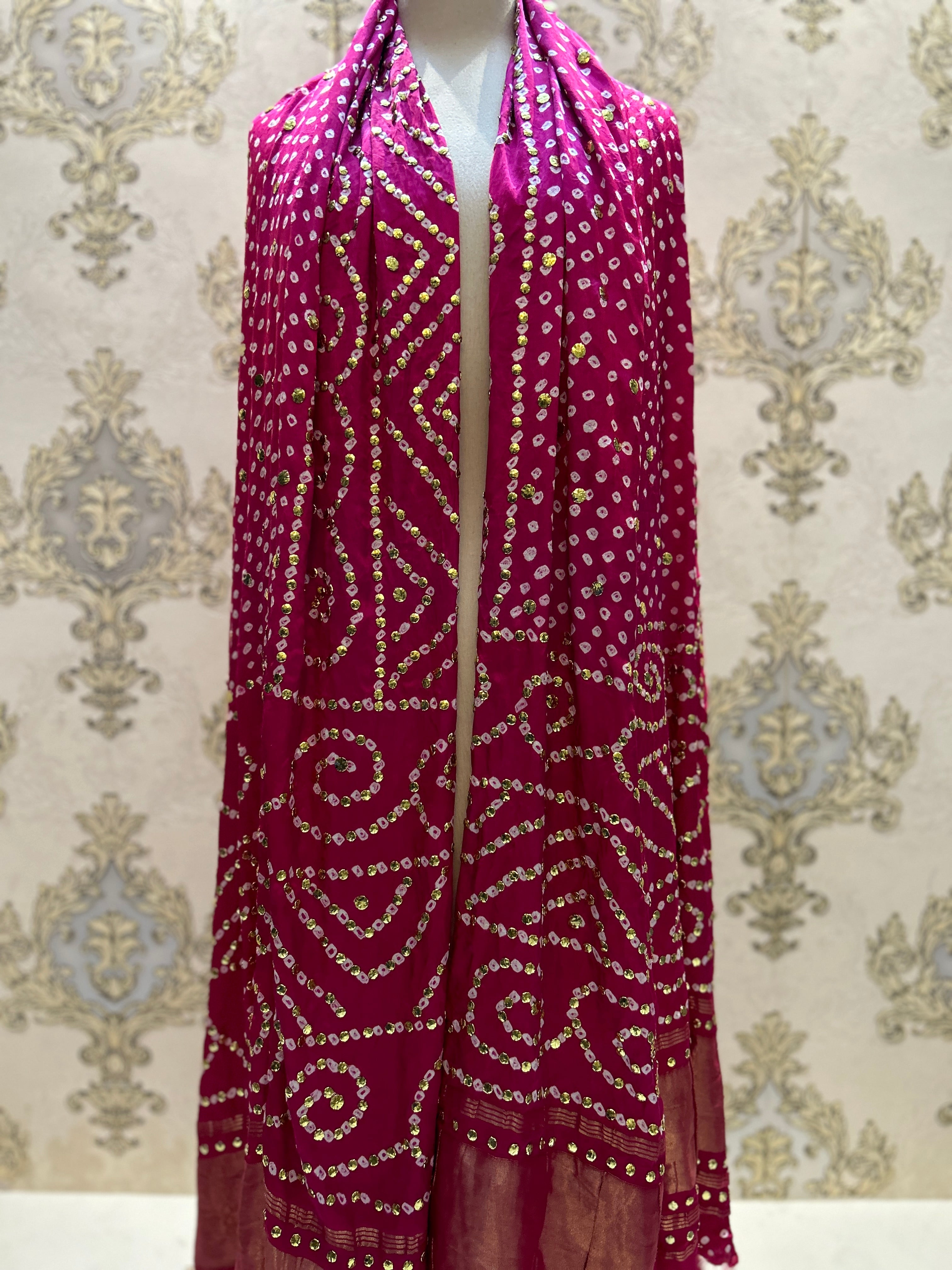 INDIAN GAJJI SILK CHUNDRI MUKESH DUPATTA PINK - EVODIA PK STORE